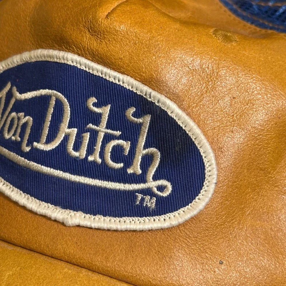 Von Dutch Trucker Hat Tan Leather Blue Mesh Snapback Y2K Logo Cap Mens